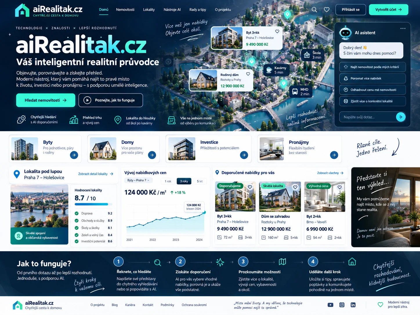 Ilustrační návrh realitní aplikace aiRealitak.cz v modré paletě